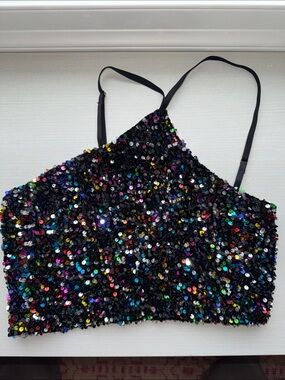 ANTHROPOLOGIE Black Multicolor Sequin Cropped Cami Top corset / bra back size M